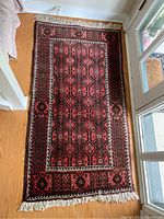 Top view of the hand knotted rug laid on the floor beside a sofa and door, showing its full rectangular shape and pattern.