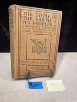 Cover of the antique book titled 'The Story of the Earth & Its Peoples'. Shows tan hardcover with printed text and emblem, priced at 50 cents originally.