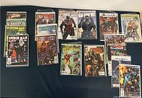 Full overview photo showing all comics from Spider-Man, Taskmaster, Union Jack, Black Panther, Wolverine, Ultimatum, New Ultimates, New Avengers, Iron Man.