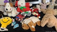 Multiple vintage stuffed animals including Pound Puppies and others arranged on a black cloth, showing a variety of plush toys in different colors and sizes.