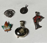 Lot overview showing all sterling silver items: ring, maple leaf charm, dolphin charm, dark stone pendant, and small round charm.