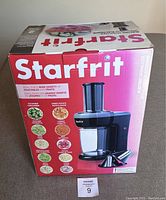 Starfrit electric spiralizer box front, showing product image, brand, and vegetable/fruit types it can spiralize