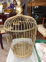 Front angle view of the antique brass birdcage showing dome top, vertical bars, and arched door with latch.