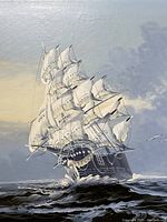 Close-up showing detailed white sails of the large sailing ship on turbulent sea, highlighting brushwork and texture.