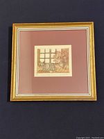 Framed copper etching showing the full piece including frame and dusty rose mat