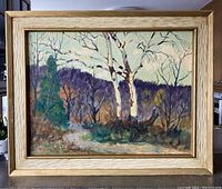 Frontal view of the framed oil painting showing the landscape scene of birch trees with autumn forest background.