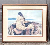 Full image of the framed print showing a person sitting in a boat looking towards a body of water.