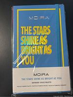 Front view of the Moira pressed pigments palette in blue packaging with title text.