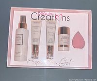 Beauty Creations Skin Card Kit new in box showing 4 cosmetic product containers and 1 makeup sponge in pink and white packaging.