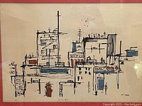 Close-up of lithograph with abstract midcentury cityscape and detail of colored sections in blue and red with black line work.