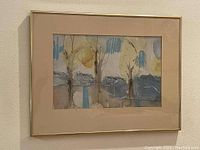 Framed abstract landscape artwork hanging on a wall, showing overall presentation and proportions.