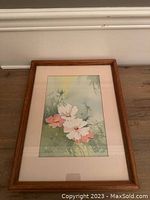 Full view of framed watercolour floral painting showing wood frame and matting, highlighting overall condition and composition
