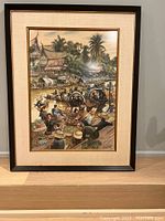 Full frontal view of framed painting showing complete market scene