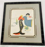 Full view of framed painting showing a Japanese woman in kimono, signed Ludwic, with black frame.