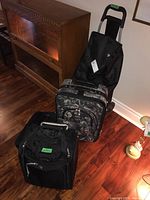 Photo showing all four items: Samsonite carry-on, Pierre Cardin suitcase, Air Canada bag, and Kitchen Stuff Plus rolling shopping trolley.