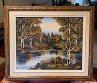 Full view of framed landscape painting showing the overall artwork and frame condition.