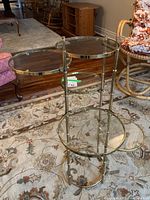 Full view of gold-tone metal plant stand with five shelves on floral rug