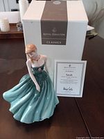 Photo showing the Royal Doulton Classics Sarah figurine with original box and certificate on table.