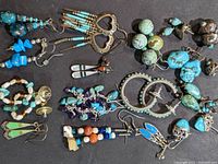 Photo showing 17 pairs of turquoise earrings in various shapes and styles, highlighting turquoise beads, stones, and silver metalwork