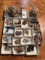 Top view of assorted rock specimens in individual boxes, showing variety in color and texture including porous, layered, and crystalline types.