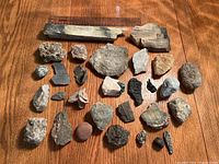 Overhead photo displaying a variety of 30 assorted rocks and mineral fragments, with petrified wood pieces at top center, various sizes and shapes below.
