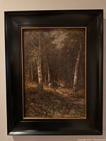 Front view of framed oil painting on board showing dark forest scene with birch trees.