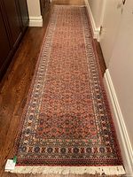Full view of the carpet runner laid on hardwood floor showing overall pattern, borders and fringed ends