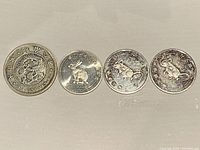 Obverse side showing dragon design on one coin and rabbit designs on three smaller coins with Chinese characters.