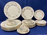 Overall view of the full set showing dinner, luncheon, and dessert plates along with teacups and saucers arranged on a blue background.