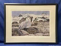 Framed print of a snowy owl perched on rocks in a tundra landscape with signature visible.