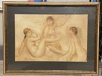 Front view of the framed nudist print showing three nude women in soft sepia tones.