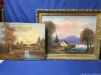 Two framed landscape oil paintings, larger signed 'T. Bird' with visible wear and smaller oil on board with scenery of waterfall and trees.
