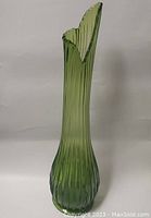 Front profile of the green blown glass vase, showing shape, color, ruffled top and ribbed design