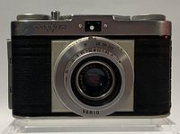 Front view of vintage Wirgin Edixa 35mm camera showing lens markings and body details.