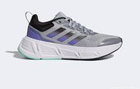 Side view of single Adidas Questar sneaker showing grey mesh upper with black, purple gradient strips, and thick white sole
