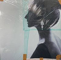 Front view of the wrapped canvas showing the detailed woman's profile silhouette with earring and turquoise background.