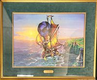 Framed print showing the full artwork depicting a fantastical flying ship over a coastal scene at sunset.