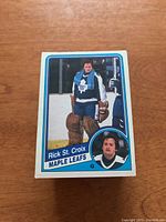 Front photo showing vintage Rick St. Croix Maple Leafs goaltender OPC card from 1984/85 set with brown goalie pads and blue striped sweater.