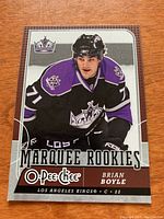 Front of 2008-09 O-Pee-Chee Brian Boyle hockey card showing player in Los Angeles Kings uniform and Marquee Rookies label.