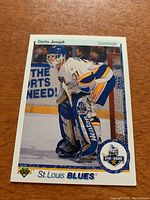 Front of the Curtis Joseph rookie hockey card showing the player in goaltender gear with team and rookie logos.