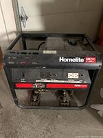 Front view of generator frame showing control panel, outlets and Homelite LRI2500 label