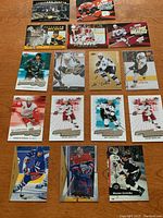 Photo showing 14 hockey cards laid out in rows with a mix of players and card types including inserts and base cards.