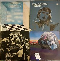 Four LP covers including signed Shel Silverstein Freakin at the Freakers Ball, Traffic, Don McLean, and Emerson, Lake & Palmer albums.