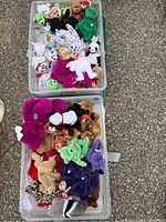 Two clear plastic storage boxes filled with a variety of Beanie Babies plush toys placed on an outdoor surface.
