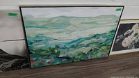 Frontal image of the abstract landscape print showing overall colors and framing
