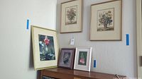 Room view showing five framed botanical prints arranged on wall and tabletop.