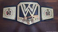 Front view of WWE Champion Belt showing the large gold and silver plated central plate with WWE logo and 'Champion' text, and side plates.