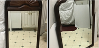Photo shows two mirrors, one with a decorative carved wood frame and one larger with a curved wood frame.