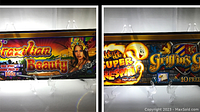 Pair of large slot machine belly glasses displayed on stands, showing Brazilian Beauty and Hot Hot Super Respin Griffins Gold themes with detailed artwork.