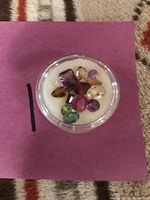 Photo of a small round container with a white cushion pad inside, holding approximately 10 loose cut gemstones in various colors including purple, green, reddish-pink, and light brown.